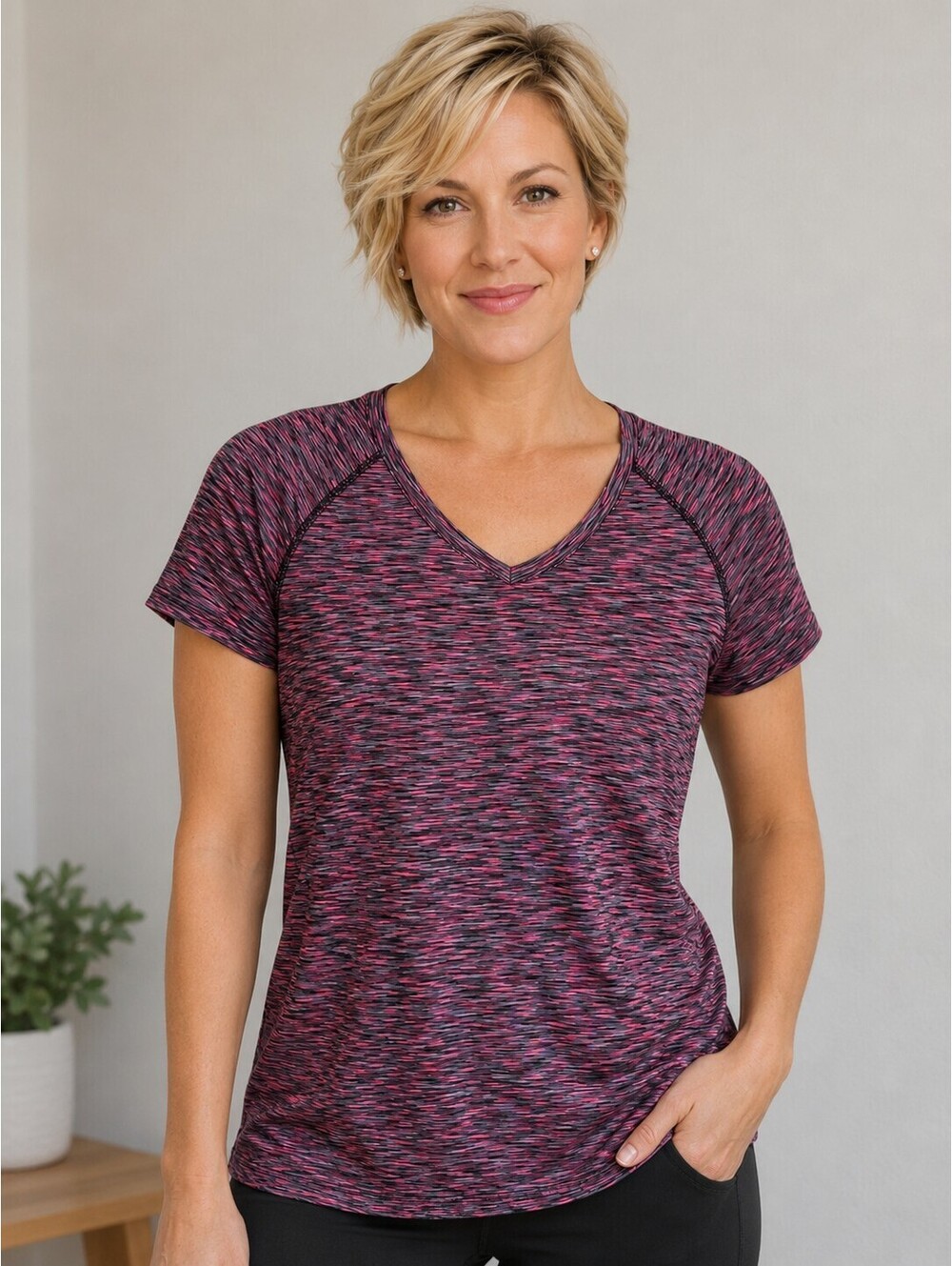 Ebb & Flow - Pink Space Dye Athletic V-Neck Short Sleeve Top - Women's Medium